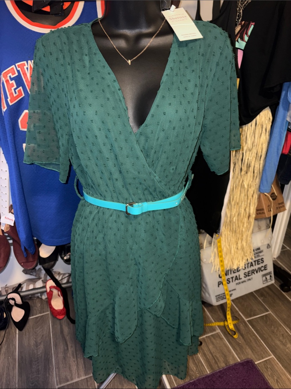Sherosa Emerald Green Textured Wrap Dress with Flutter Sleeves Small